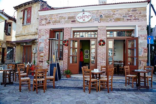 Traditional kafenes in Chios with tables outside
